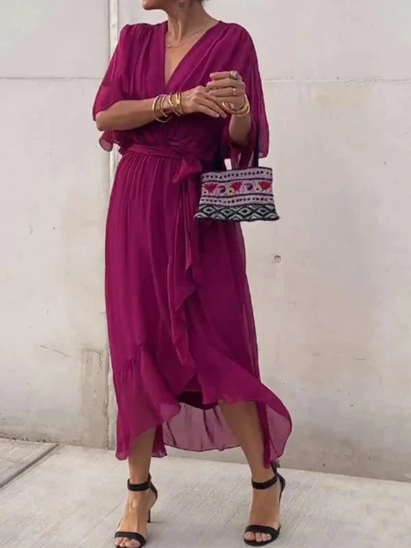 CLAUDINE - ROBE EN MOUSSELINE DE SOIE À COL EN V