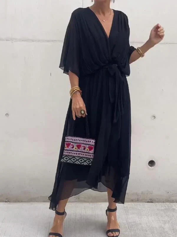 CLAUDINE - ROBE EN MOUSSELINE DE SOIE À COL EN V