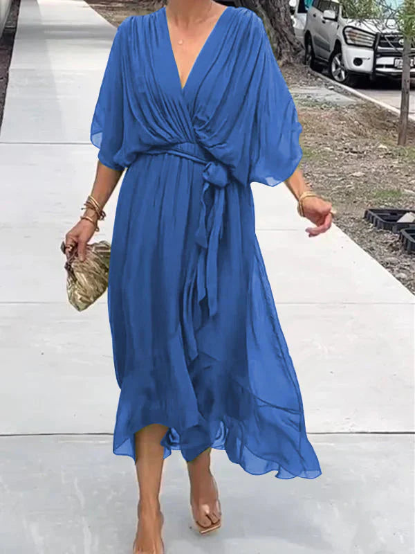 CLAUDINE - ROBE EN MOUSSELINE DE SOIE À COL EN V