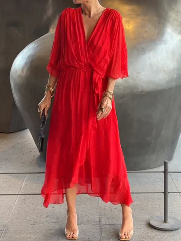 CLAUDINE - ROBE EN MOUSSELINE DE SOIE À COL EN V