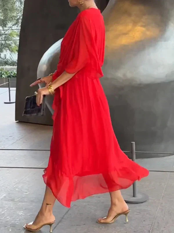 CLAUDINE - ROBE EN MOUSSELINE DE SOIE À COL EN V